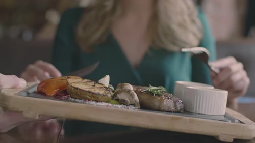 The Restaurant Concept: Only Hands, Service and Dish. Waiter Bring the Order,