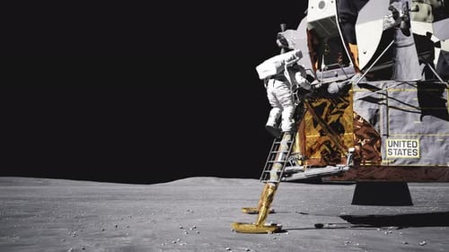 Astronaut Descending Ladder from Lunar Module onto Moon Surface