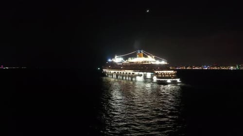 Cruise Ship Drone View Going at Night