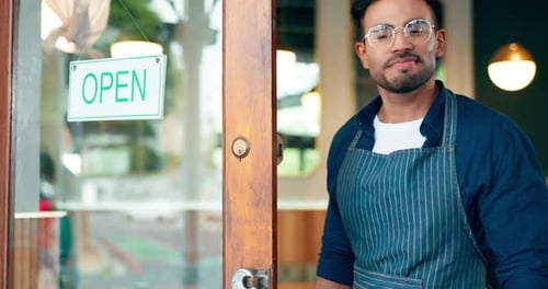 Door closed sign, smile and restaurant man, startup business owner or cafe storefront boss at end