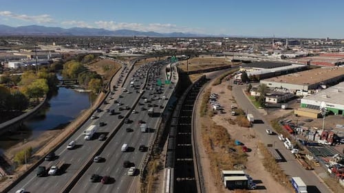 An aerial shot capturing I-25 traffic, Denver Colorado