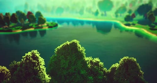 Vibrant Greenery Frames a Calm Lake Reflecting the Colorful Hues of Dawn
