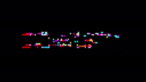 Un texte coloré et lumineux de 2026 apparaît à travers une animation numérique glitch sur fond noir