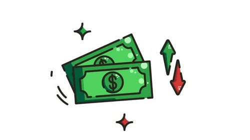 animation Two green dollar bills with an upward green arrow and a downward red arrow.