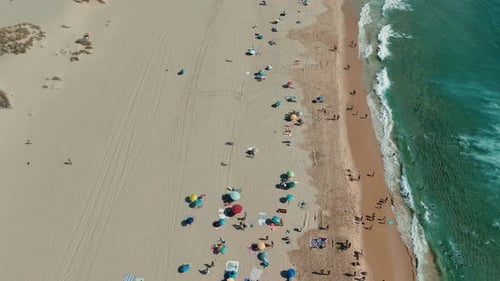 An Aerial View of a Busy Beach Showcasing Colorful Umbrellas Alongside Gentle Waves