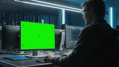 Smart Male IT Programer Working on Desktop Green Mock-up Screen Computer in Data Center System Cont