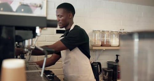 Cafe, black man and barista at coffee machine for drink service, latte preparation and espresso
