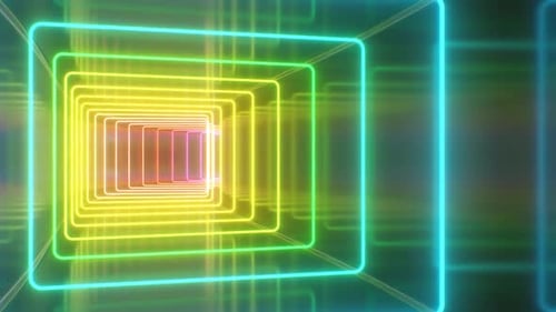 Inside Rainbow Glowing Neon Square Reflective Curved Tunnel Corridor
