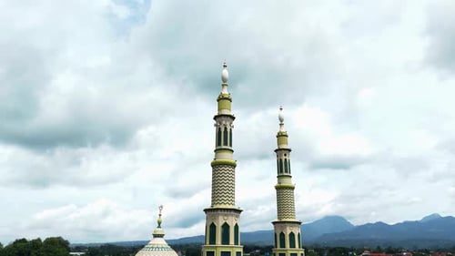 Drone view of Islamic Mosque tower with town view