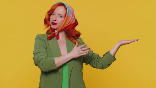 Girl Pointing Empty Place Advertising Area for Commercial Text Copy Space for Goods Promotion