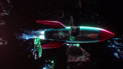 Retro Rocket Flying Across Space Loop