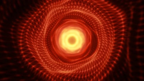 A glowing golden wireframe tunnel spiraling towards a bright center, creating a mesmerizing abstract