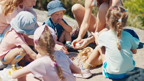 Family Hiking Big Family with Kids Hiking on the Tropical Trail and Stops for the Rest