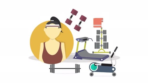 Animated Health and Fitness Icons with Gym Equipment