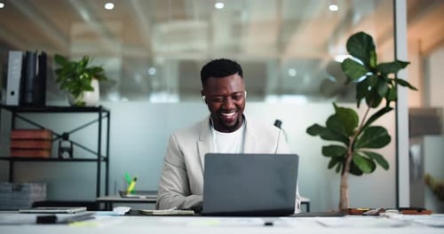 Media agency, video call and black man with laptop, greeting and virtual meeting for article