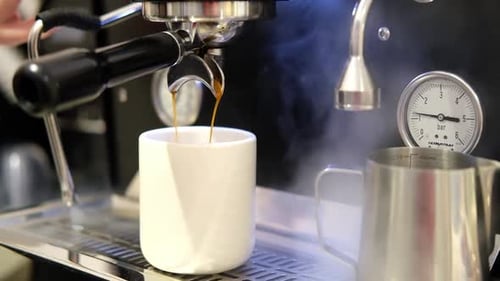 Pouring Coffee Stream From Machine in Cup Cafe Making Hot Espresso Using Filter Holder Flowing Fresh
