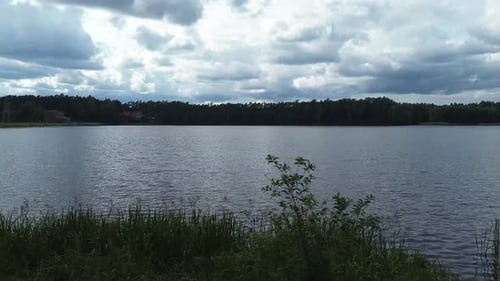 lake bush cloudy day water aerial dolly fly panorama landscape