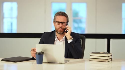 Business Talk Business Man Talking on Phone in Office Business Man Using Mobile Phone Business Man