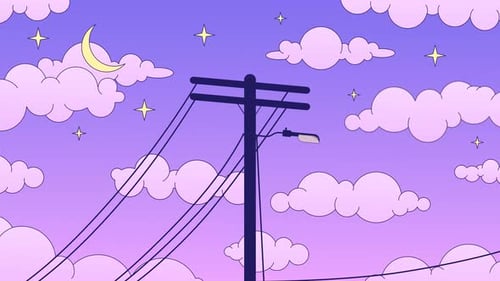 Animated Flat Design Night Sky with Blinking Streetlight