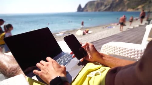 Man Laptop Sea Working Remotely on Seashore Happy Successful Man Male Freelancer Working on Laptop