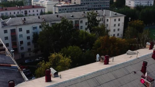 District with football field. Stock footage. Top view of old district of city with residential build