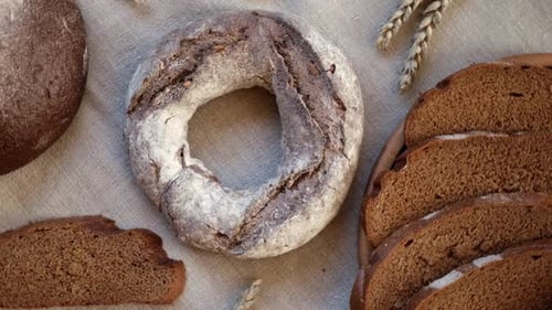 Rye Bread Still Life with Slices and Wheat