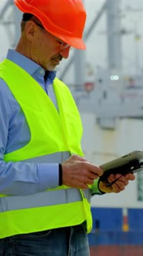 Port Worker at Sea Ships Construction Man Reads Information