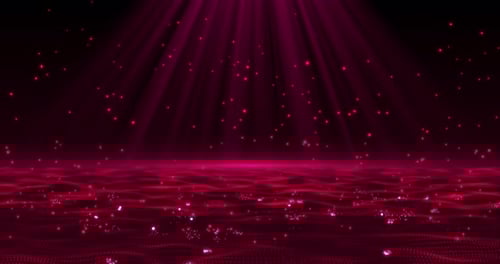 Ondas cibernéticas abstractas de partículas brillantes, caída de estrellas con rayos de luz y rebote de partículas, hermoso par