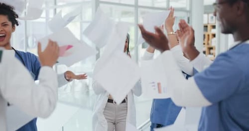 Doctors, success or celebration and air papers in life insurance diversity