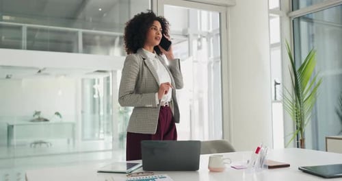 Employee, phone call and woman in office, talking or communication with contact for financial