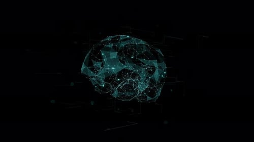 Blue polygon digital brain logo with grid line and ai technology icon on abstract black background