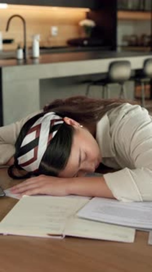 Sleep, university student and woman in home with burnout, exhausted and education fatigue at desk