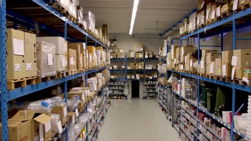 Slow Jib Shot moving down of a Food, Grocery and Households warehouse in Italy. Shelves full of stoc