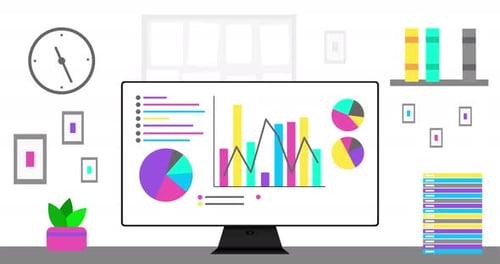 Office Computer with Modern Infographics on Screen