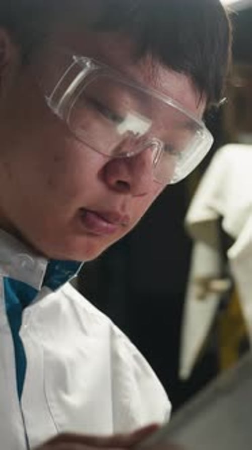 Young Engineer Using Tablet in Automotive Workshop