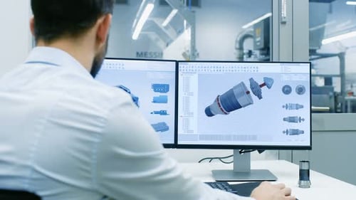 Senior Industrial Engineer Working on a Personal Computer with Two Displays, He's Designing New Eff