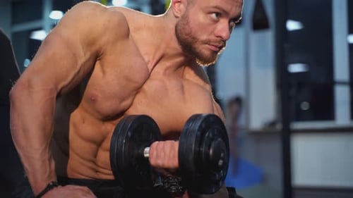 Muscular Man Lifting Weights in Gym