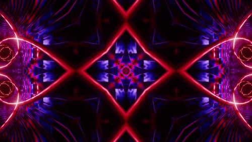 Sehr buntes rotes und blaues Muster auf schwarzem Hintergrund. Kaleidoskop VJ Loop