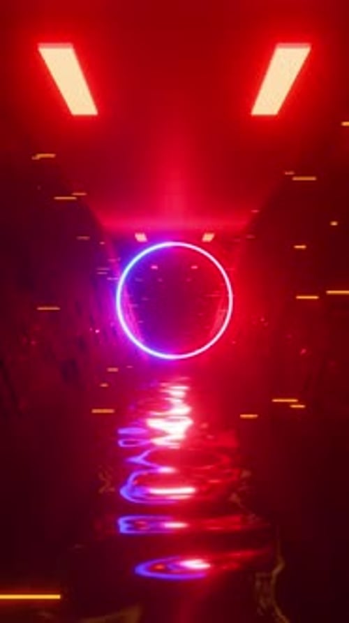 Tunnel with neon red-blue circle and many lights. Looped animation