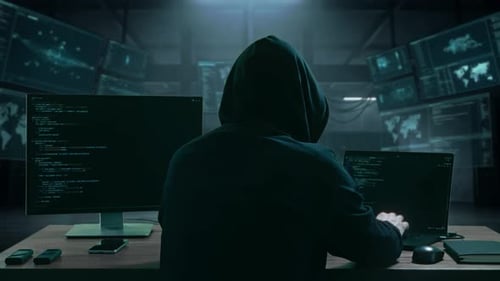 Hacker Working on Computer with Digital Code and Data
