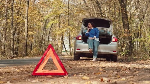 Woman on Phone Next to Car in Autumn Forest