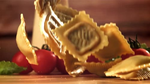 Italian Ravioli Falls on the Table Filmed on a Highspeed Camera at 1000 Fps