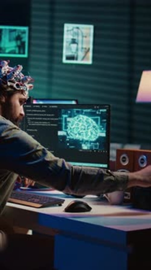 Vídeo vertical de primer plano de un equipo neurocientífico utilizado por el hombre para transferir conciencia