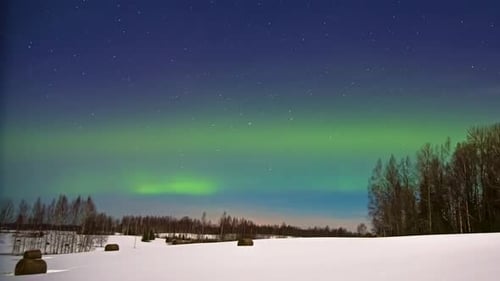 Green Aurora Borealis Moving In The Sky At Night Over Snow-covered Field With Round Hay Bales. - wid