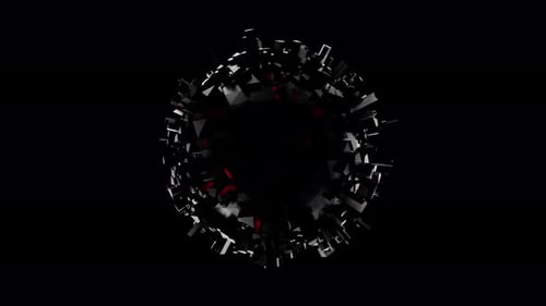 Animation en boucle fluide d'une sphère sombre fragmentée composée d'éclats métalliques noirs avec une lumière intérieure rouge