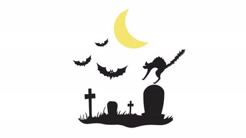 Animated Halloween Silhouette: Scary Cat, Bats, and Gravestones