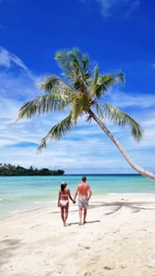 a Man and a Woman are Walking on a Tropical Beach Holding Hands Koh Kood Thailand