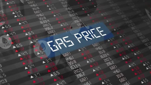 Gas Price Rising Concept And Stock Market Chart And Falling Oil Barrels