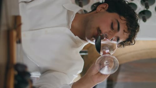 Winery Specialist Tasting Wine Sitting Restaurant at Desk Vertical Close Up