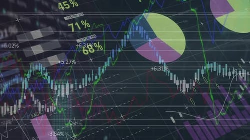 Animation of financial data processing and statistics recording on grid in background